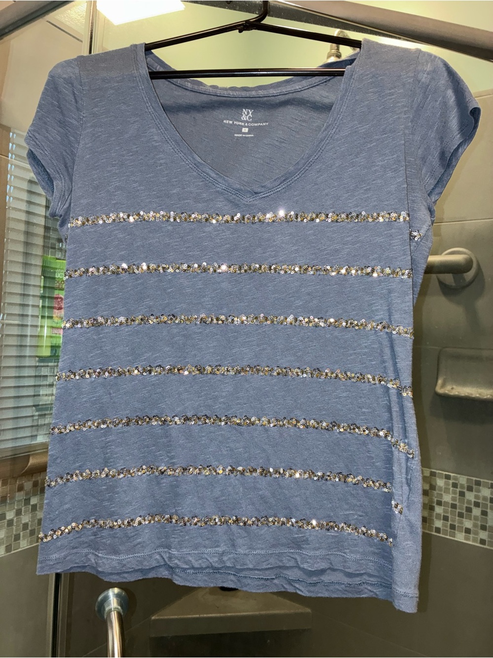 New York & Company Light Blue V-Neck Tee with Silver Sequin Stripes